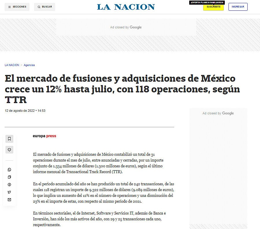 El mercado de fusiones y adquisiciones de Mxico crece un 12% hasta julio, con 118 operaciones, segn TTR